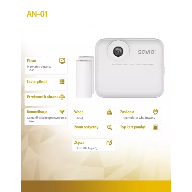 Aparat natychmiastowego druku SAVIO AN-01 dla dzieci, biały, 2,4-calowy LCD, MicroSDHC do 32 GB, USB-C, bateria 1200 mAh, bez wbudowanej lampy błyskowej