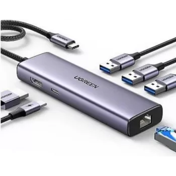 Ugreen 15598 USB 3.2 Gen 1 Type-C Hub HDMI RJ-45 USB 3.0 srebrny