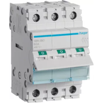 Hager SBN380. Prąd znamionowy: 80 A, Napięcie cewki (maks.): 440 V. Liczba modułów (maks.): 3 moduły. Szerokość: 52,5 mm, Głębokość: 68 mm, Wysokość: 83 mm (SBN380)