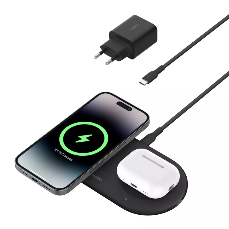 Belkin WIZ021VFBK - bezprzewodowa ładowarka 2-w-1 z technologią Qi2 15 W, czarna