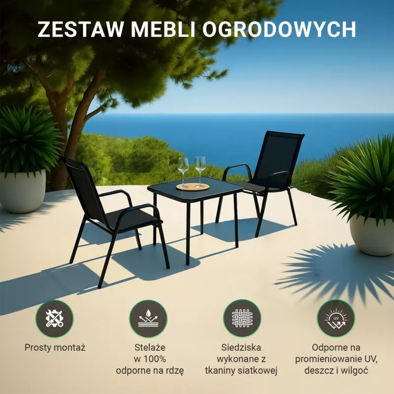 Zestaw mebli ogrodowych Extralink Czarny Forest, Textilene Dwa Krzesła + Czarny Stół
