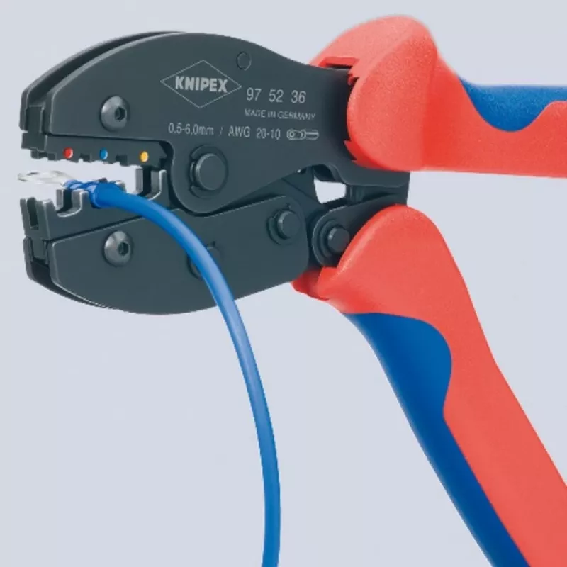 Narzędzie do zaciskania Knipex PreciForce model 975236 SB — izolowane uchwyty w kolorze czarnym, niebieskim i czerwonym