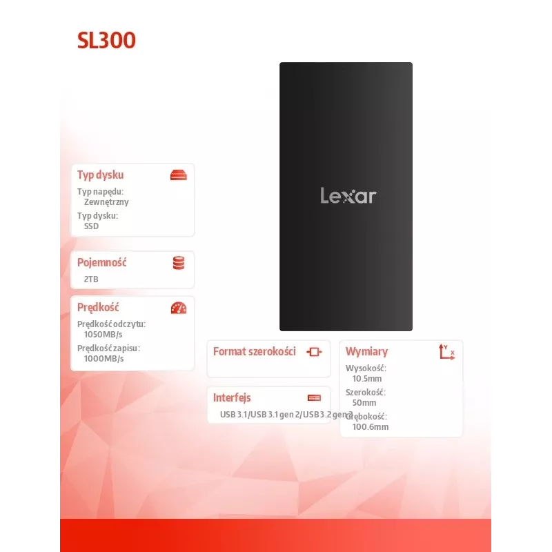 Zewnętrzny dysk SSD Lexar 2 TB, USB Type-C 3.2 Gen 2 LSL300002T-RNBNG