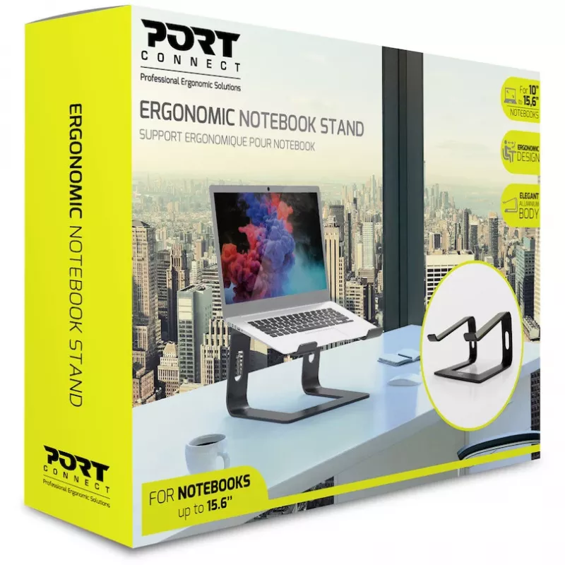 Podstawka pod laptopa Port Designs 901103 — aluminium i czarna, obsługa do 15,6 cala, szerokość 260 mm, głębokość 145 mm, wysokość 225 mm