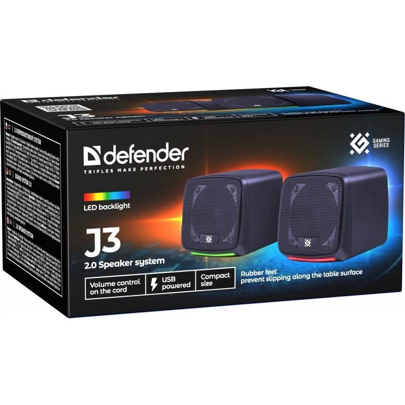 Głośniki komputerowe DEFENDER J3 2.0 6W LED USB, 2×3 W RMS, 90–20000 Hz, 3,5 mm, czarne