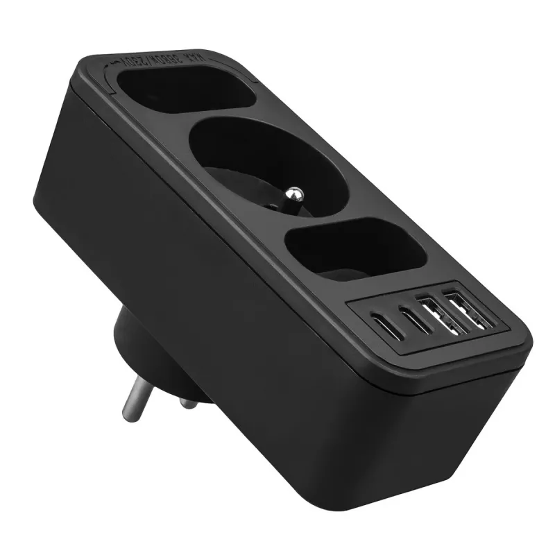 Rozgałęźnik zasilania MACLEAN MCE248 F/B — 3 gniazda AC (1x16A, 2x6A) i 4 porty USB (2xUSB‑A, 2xUSB‑C PD 20W), wtyczka EU, czarny