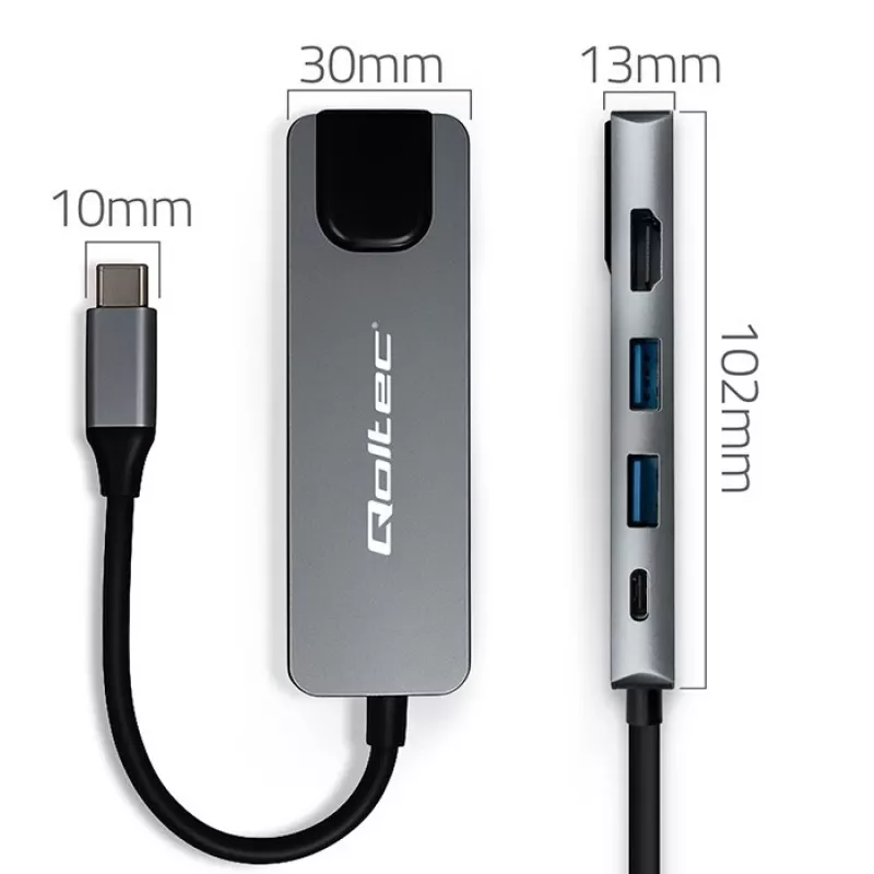 Hub USB-C QOLTEC 53795 5‑w‑1 z PD 100W, 2×USB-A, HDMI 4K, RJ45