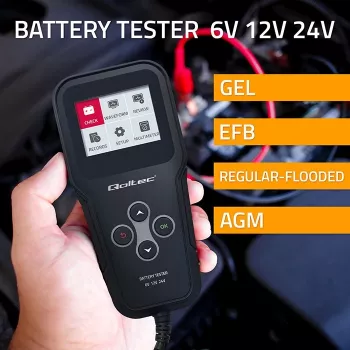 Qoltec 52489 Cyfrowy Analizator Akumulatorów 3 w 1 z Wyświetlaczem LCD i Wielojęzycznym Interfejsem 6V | 12V | 24V | 30Ah-200Ah