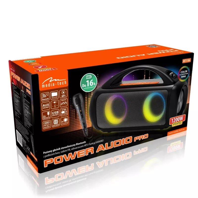 Głośnik przenośny MEDIA-TECH MT3184 — Bluetooth 5.3, 60W RMS, IPX5, akumulator litowo-jonowy 16h, ładowanie USB-C, MicroSD, TWS, mikrofon, pilot