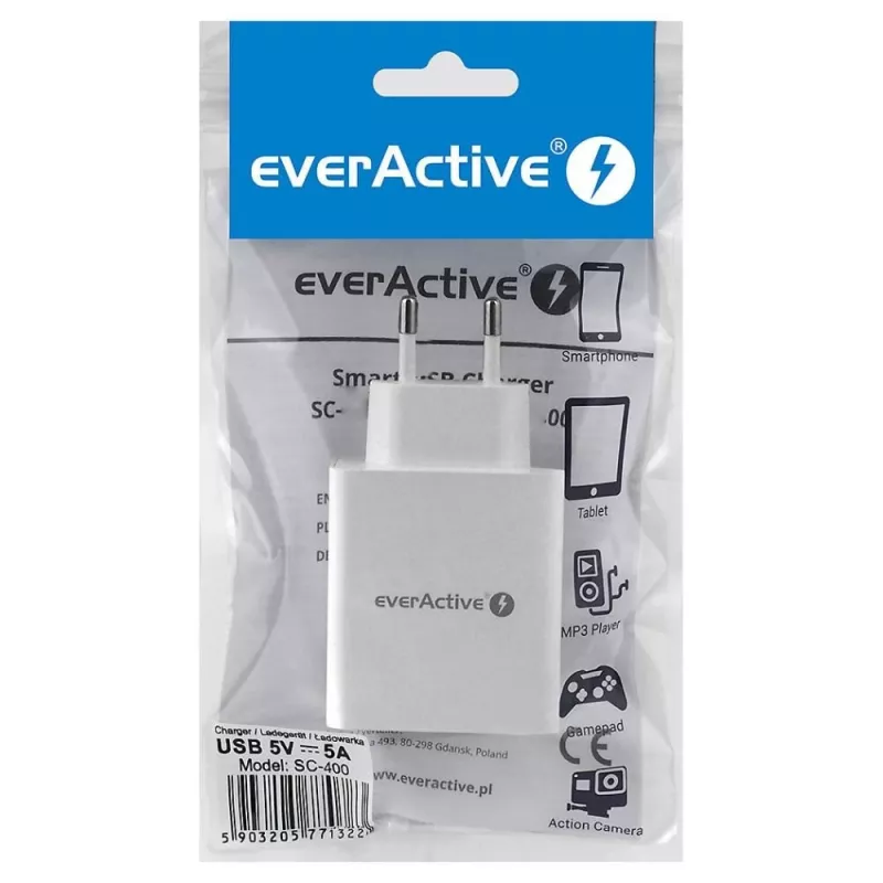 ładowarka sieciowa everActive SC400 z 4 portami USB, łączny prąd wyjściowy 5 A, biała