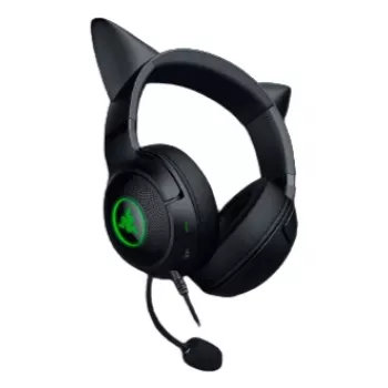 Kraken Kitty V2 – Czarny, Zestaw słuchawkowy do gier, Kocie uszy, Oświetlenie reagujące na stream, Mikrofon kardioidalny HyperClear, 40-milimetrowe przetworniki TriForce, Wbudowany w nauszniki mikrofon, Razer Chroma RGB (uszy i nauszniki), Dźwięk przestrz