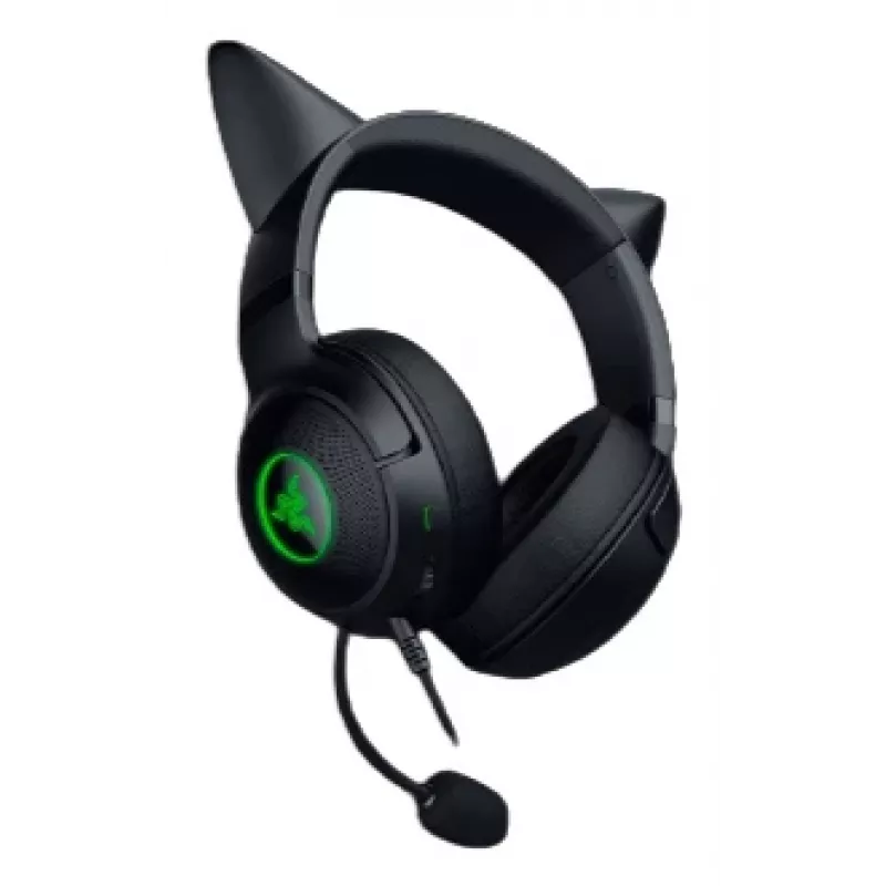 Kraken Kitty V2 – Czarny, Zestaw słuchawkowy do gier, Kocie uszy, Oświetlenie reagujące na stream, Mikrofon kardioidalny HyperClear, 40-milimetrowe przetworniki TriForce, Wbudowany w nauszniki mikrofon, Razer Chroma RGB (uszy i nauszniki), Dźwięk przestrz
