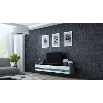Stolik pod TV Cama Meble VIGO NEW 30/140/40 — 1400×400×300 mm, szary blat, płyta wiórowa, szara rama, białe fronty na wysoki połysk