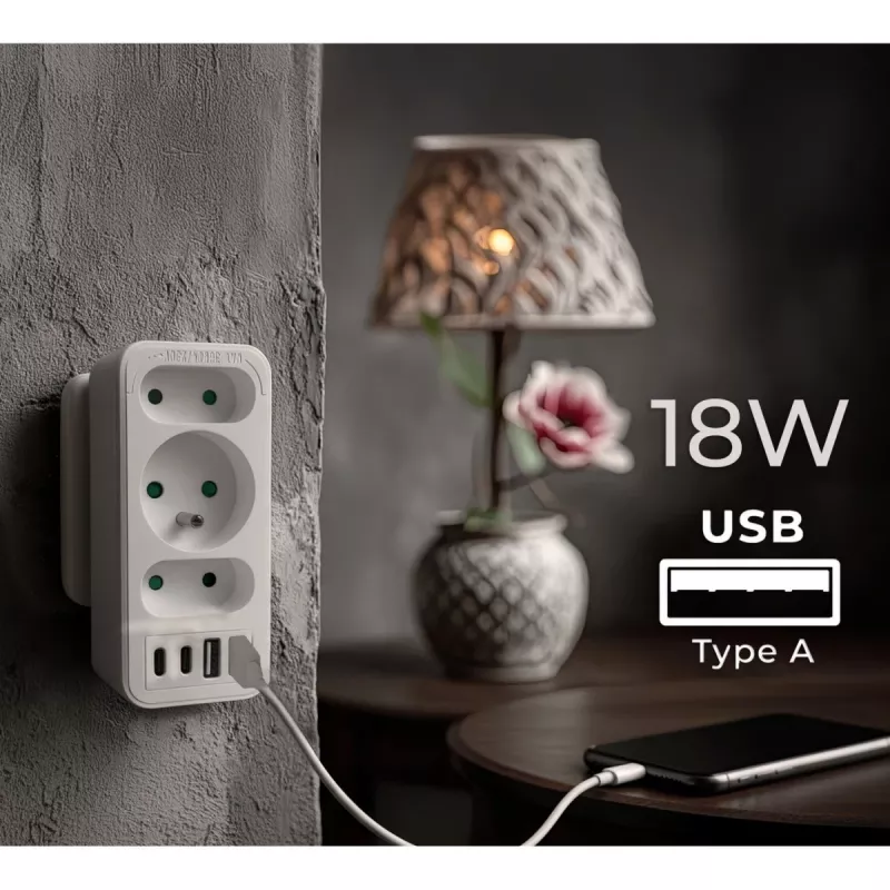 Rozgałęziacz zasilania MACLEAN MCE248 F/W — 3 gniazda AC (1×16A, 2×6A) + 4×USB (2×A, 2×C PD 20W), wtyczka EU, biały