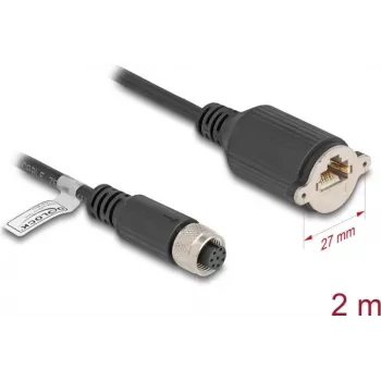 Kabel sieciowy DeLOCK M12 Kabel A-kodowany 8-pinowe gniazdo żeńskie na wtyk RJ45 Cat5e 2m czarny