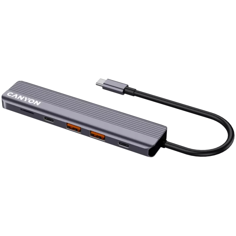 Koncentrator USB typu C CANYON DS-17 — HDMI, USB 3.2 Gen 1 A, USB-C, MicroSD, 10000 Mbit/s, szary