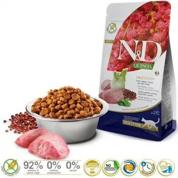 Sucha karma dla kota Farmina N&D Quinoa Adult Lamb 1,5 kg — Jagnięcina, 33% białka, 21,5% tłuszczu, bezglutenowa i bezsojowa