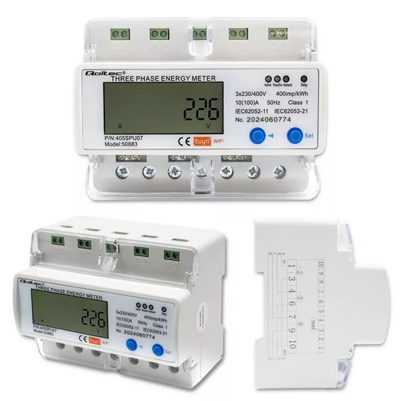 Trójfazowy licznik energii QOLTEC 50883 Wi‑Fi 400V z wyświetlaczem LCD