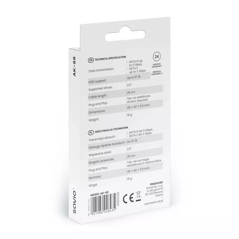 SAVIO SATA na USB-C kabel interfejsu AK-69, SATA żeński na USB-C męski, USB 3.2 Gen 1 (5 Gbit/s), 0,25 m, czarny