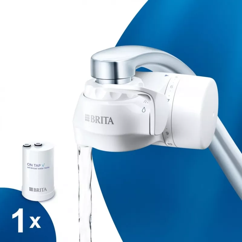 Filtry do wody do kranu BRITA ON TAP V CU CE2 (1052067) — 4-stopniowe, pojemność 600 L, 3 tryby, 5 adapterów, biały