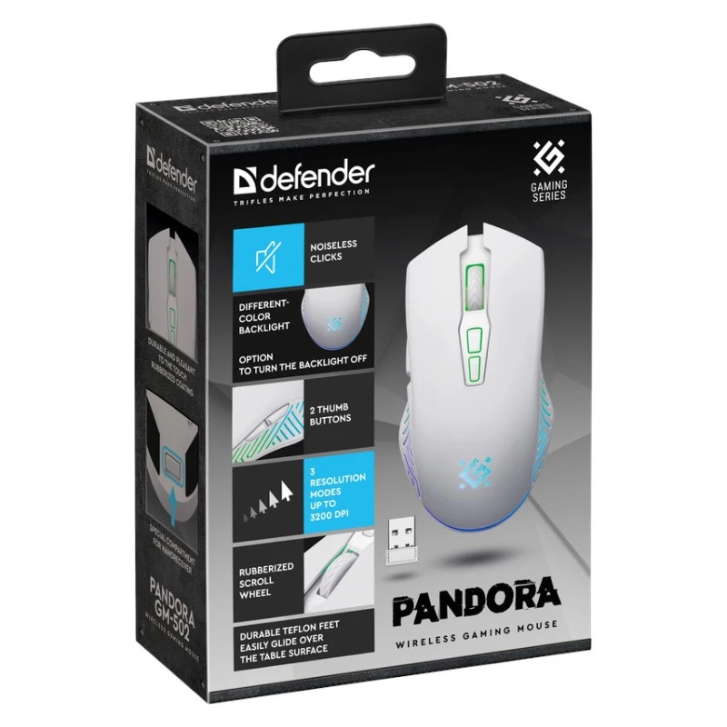 Bezprzewodowa mysz gamingowa DEFENDER Pandora biały — symetryczna, 3200 DPI, 6 przycisków, programowalna, optyczna, USB