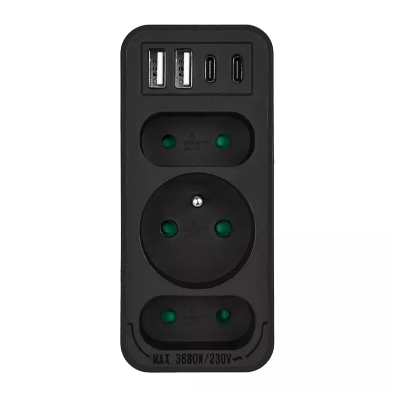 Rozgałęźnik zasilania MACLEAN MCE248 F/B — 3 gniazda AC (1x16A, 2x6A) i 4 porty USB (2xUSB‑A, 2xUSB‑C PD 20W), wtyczka EU, czarny