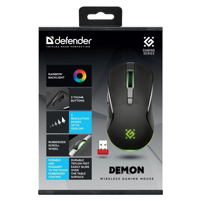 Bezprzewodowa mysz gamingowa DEFENDER Demon GM-534 RF, symetryczna, 3200 DPI, 5 przycisków, nanoodbiornik USB-A 2.4 GHz