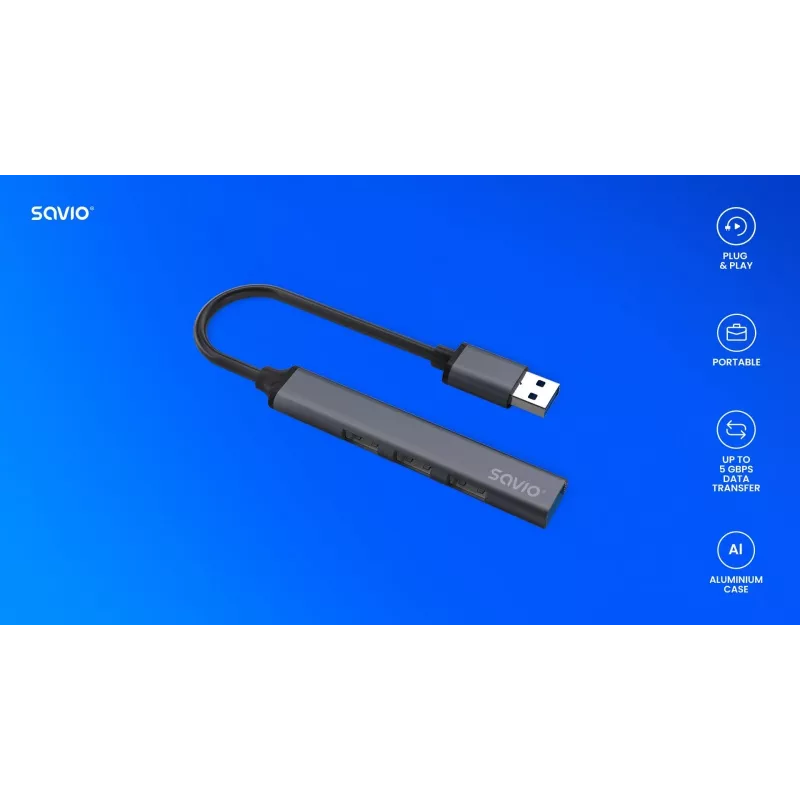 Hub USB SAVIO AK-70, 7-portów USB 3.0, 4 użyteczne porty, host USB Type-A, transfer 5 Gbit/s, gwarancja 2 lata