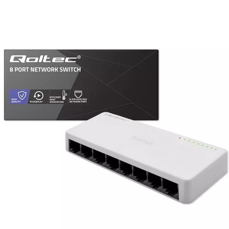 Przełącznik sieciowy QOLTEC 52246 — 8 portów RJ45, 100 Mbps
