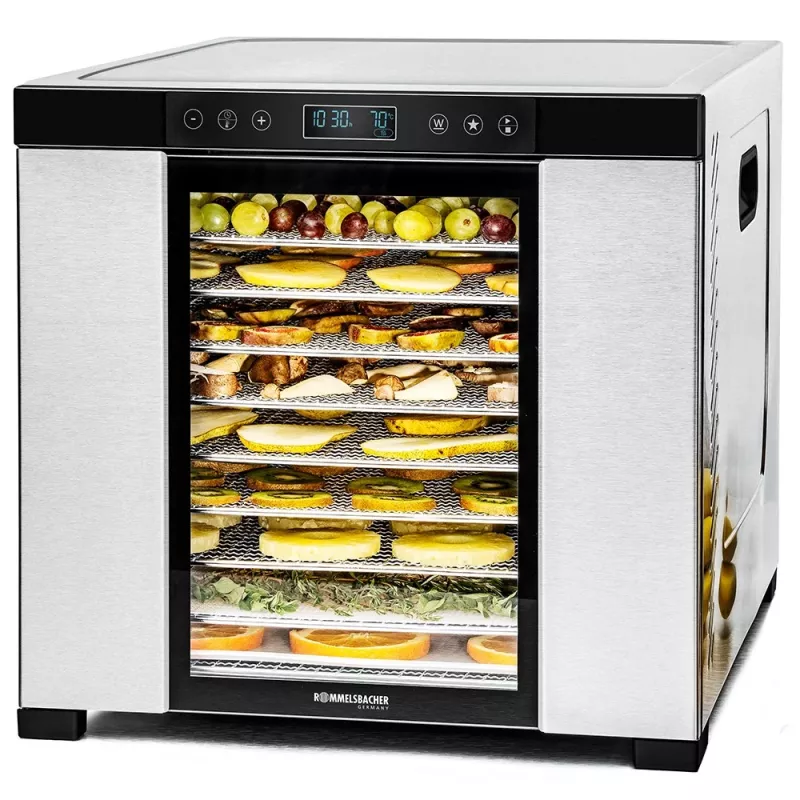 Suszarka do żywności Rommelsbacher DA1050, stal nierdzewna, 5 półek (10 tac ze stali nierdzewnej), regulowana temperatura 35–75 °C, timer 99 h, powierzchnia suszenia 1,6 m²