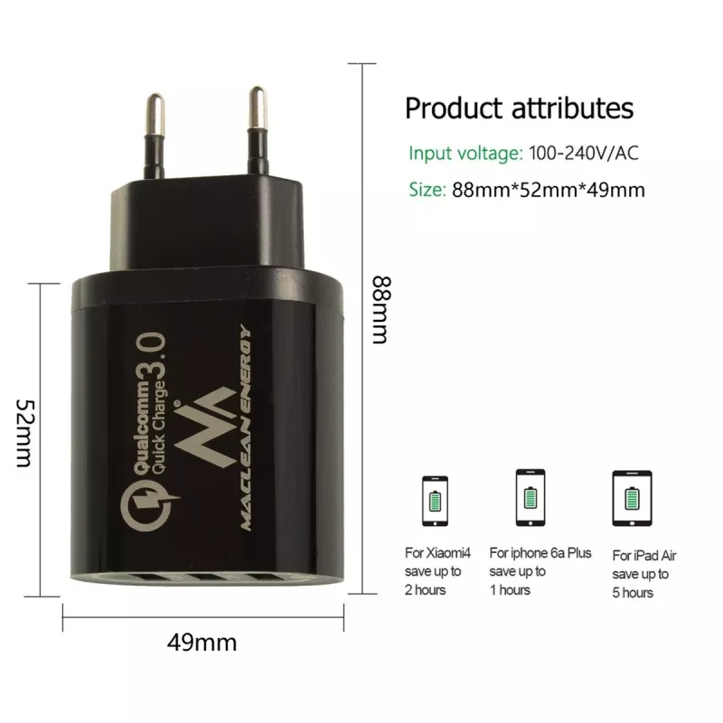 Ładowarka sieciowa USB MACLEAN MCE479B — 3 porty USB, łączna moc 18 W, kompaktowa