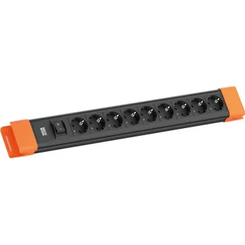 Listwa zasilająca Bachmann CONNECTUS z 9 gniazdami CEE 7/3, 1 włącznikiem, kablem 2,0 m — czarno-pomarańczowa