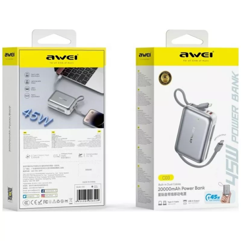 Przenośny powerbank Awei C03 20000mAh z wyjściem 45W i zintegrowanym kablem USB-A/USB-C