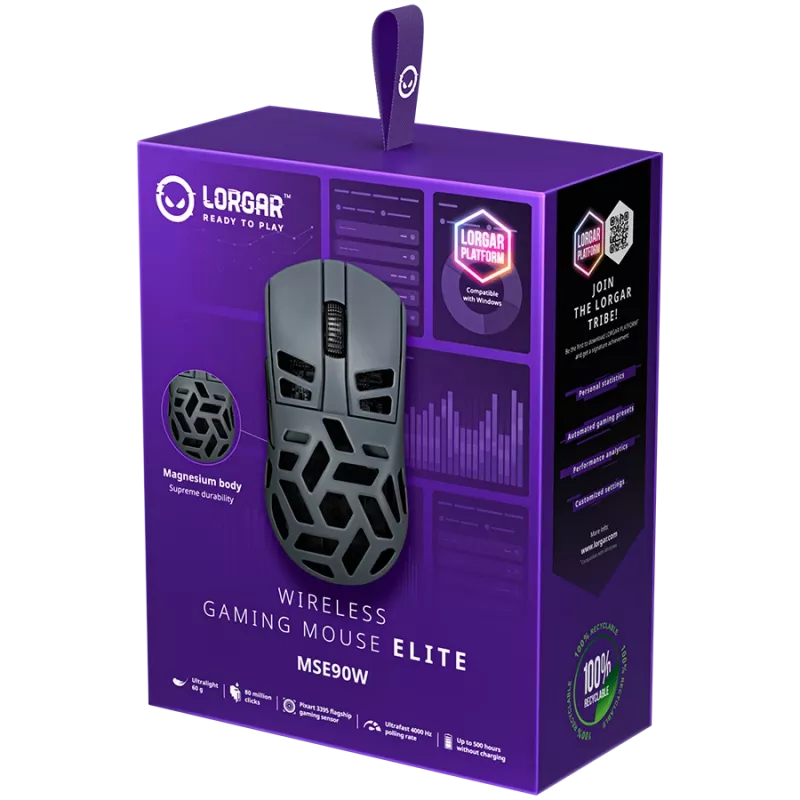 LORGAR MSE90W, Mysz do gier bezprzewodowa magnezowa Elite, ciemnoszara