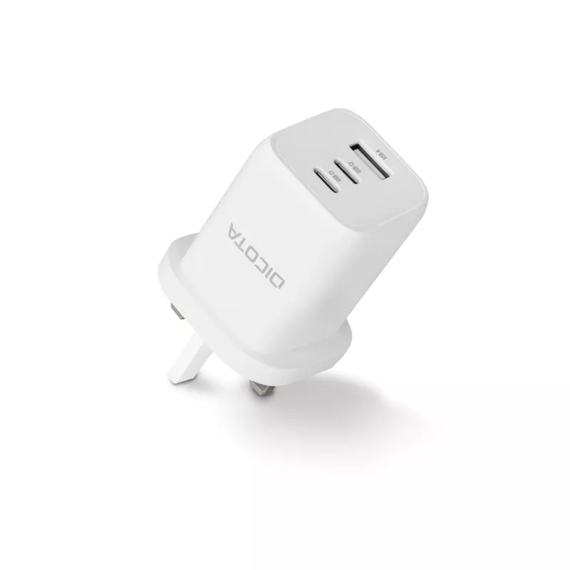 Zasilacz Dicota - kompaktowy, GaN - 65 W - 5 A - PD 3.0 - 3 porty wyjściowe (2 x USB-C, USB)