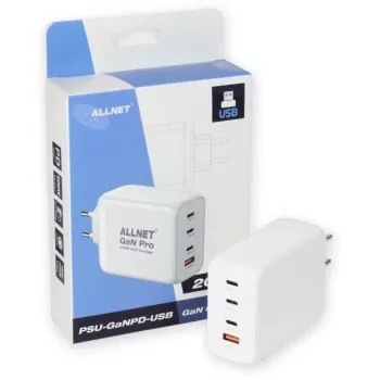ALLNET Power Supply PSU-GaNPD-USB-1A3C-200W — 200W GaN USB ładowarka, 1× USB-A, 3× USB-C