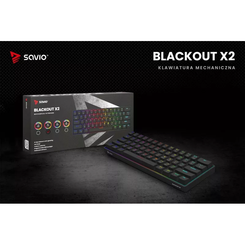 Mechaniczna klawiatura gamingowa SAVIO CzarnyOUT X2 BROWN 61-klawiszowa 60% USB QWERTY RGB Outemu Brown