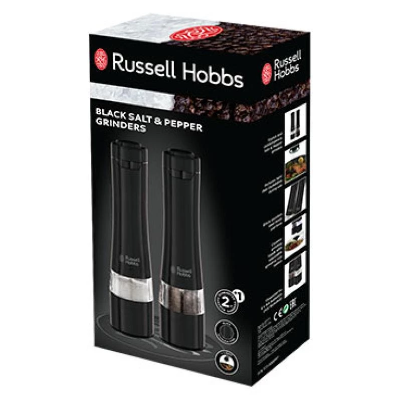 Russell Hobbs 28010-56 Elektryczny Zestaw Młynków do Soli i Pieprzu (Wysoka Jakość, Automatyczny, Regulowane Mielenie, Podświetlenie na podstawie, Czarny Metaliczny Wzór)