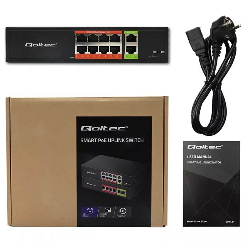 Przełącznik sieciowy QOLTEC FAST Ethernet PoE 8xRJ45 z 2xRJ45 uplink (model 52290)