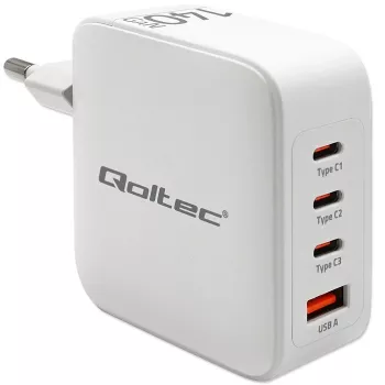 Ładowarka QOLTEC 51828 140W GaN 3×USB‑C PD + 1×USB‑A QC 3.0 – wieloportowa szybka ładowarka