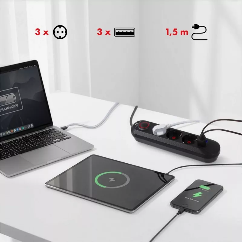 Listwa zasilająca MACLEAN MCE394 B — 3 gniazda + 3×USB A, 110–240 V, USB 2,1 A, 2500 W, kabel 1,5 m, czarna