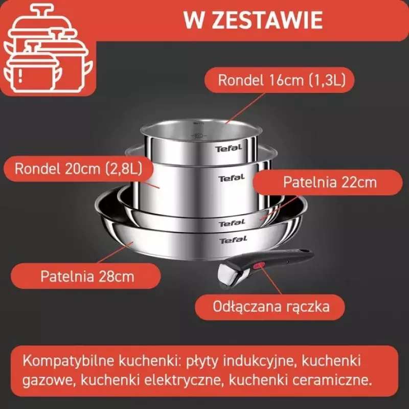 Zestaw patelni Tefal Ingenio Emotion L897S574, indukcja, odłączany uchwyt, 16/20/22/28 cm