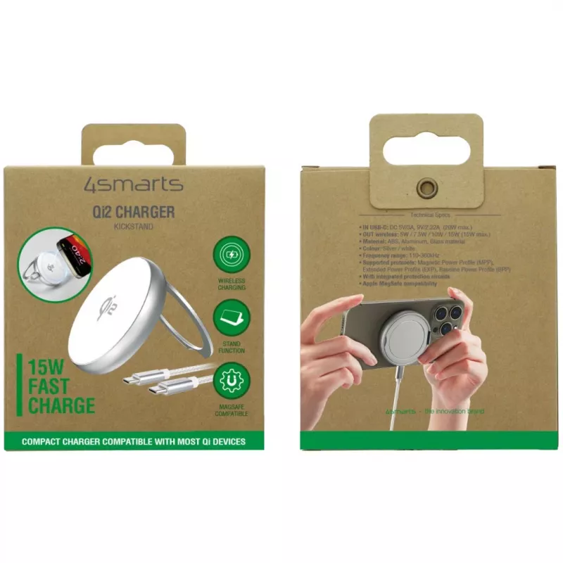 Ładowarka 4smarts Qi2 Charger Kickstand srebrno-biała (540987)
