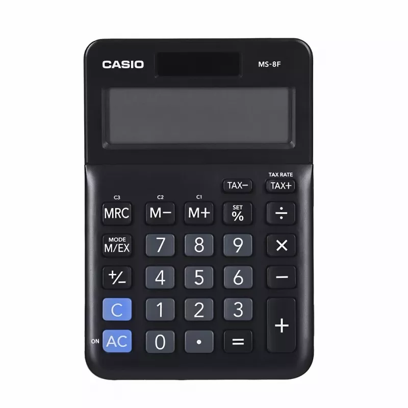 Podstawowy kalkulator biurkowy CASIO MS-8F – 8-cyfrowy, bateria/słoneczny, 26 klawiszy, funkcje walutowe i podatkowe, obliczanie zysku, czarny