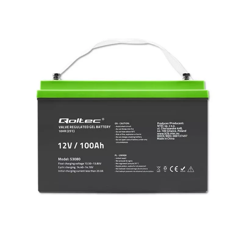 Akumulator żelowy QOLTEC 53080 12V 100Ah — szczelny akumulator do zasilania rezerwowego