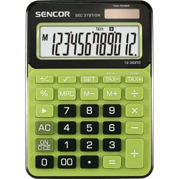 Kalkulator biurkowy SENCOR SEC 372GN 12-cyfrowy LCD, podstawowe funkcje arytmetyczne, zasilanie słoneczne i bateryjne