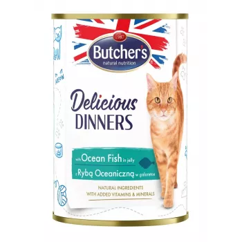 Mokra karma dla kota butcher's Delicious Dinners Ocean Fish Chunks in jelly 400 g, smak rybny, senior, puszka