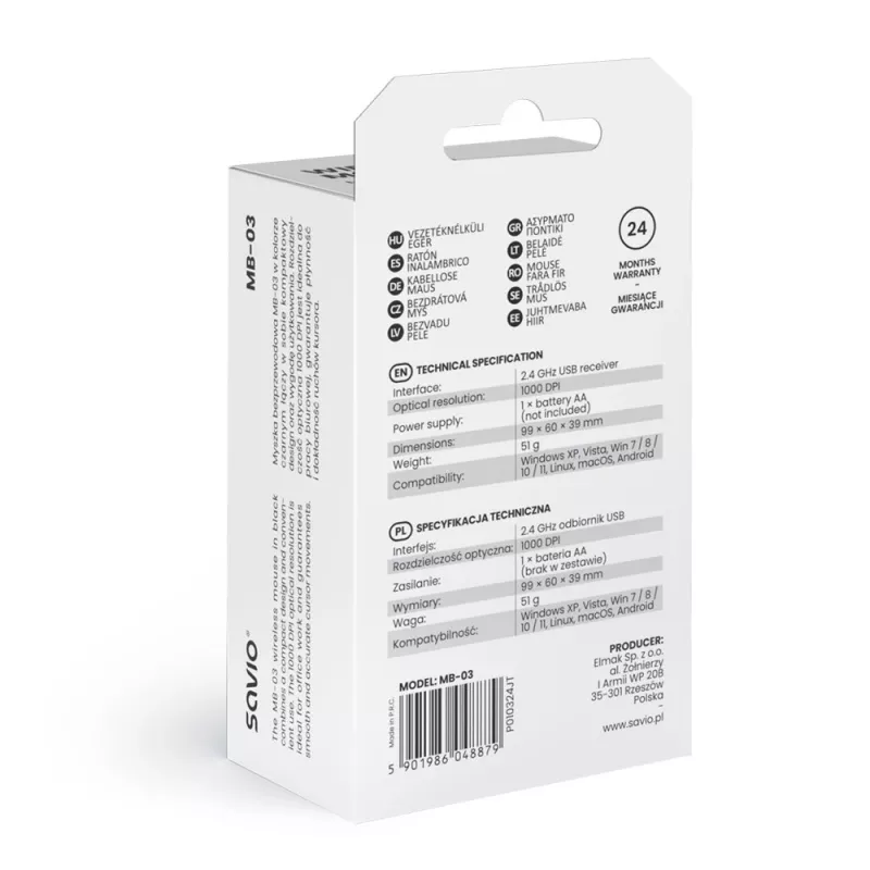 Mysz bezprzewodowa SAVIO MB-03, interfejs Bluetooth, 1000 DPI, bateria AA, 99×60×39 mm, 51 g, odbiornik w zestawie