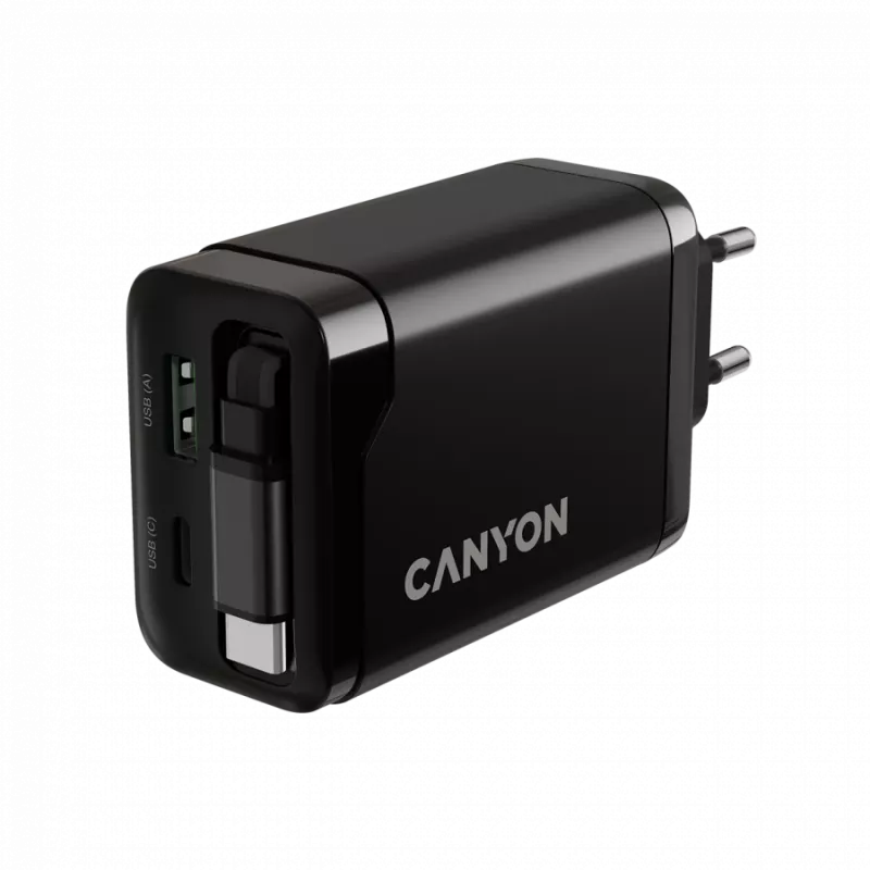 Ładowarka CANYON OnCharge 65RC z wbudowanym kablem USB-C, 65 W, 1x PD, 1x QC, wtyczka EU, czarna