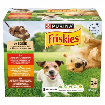 Mokra karma dla psa multipack Purina Nestlé Friskies Adult z wołowiną, kurczakiem i jagnięciną 24 x 85 g, karma pełnoporcjowa, wilgotność 82,5%